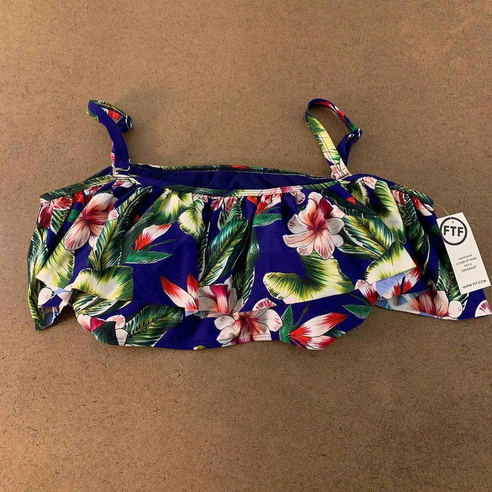 Fashion To Figure Women's Plus Size 1X Blue Tropical Ruffle Bikini Swim Top NWT